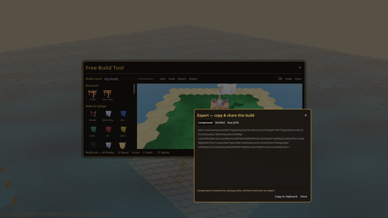 The Free-Build export dialog showing a build copied out as a compact share code, ready to paste to a friend.
