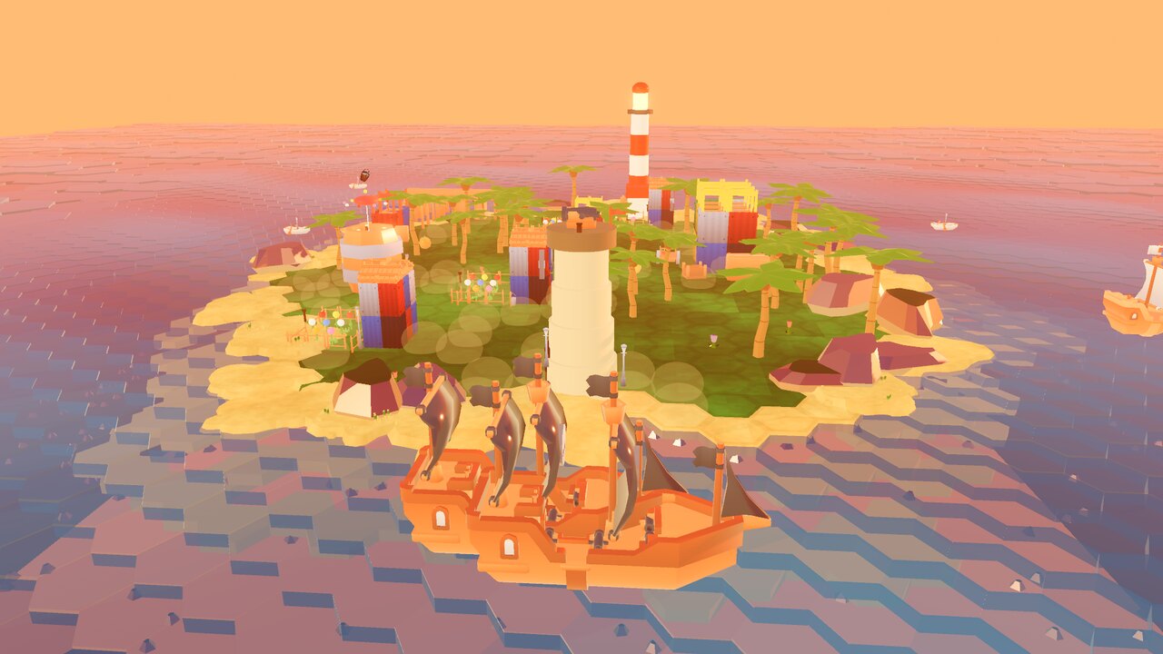 A pirate galleon moored beneath the island lighthouse at sunset