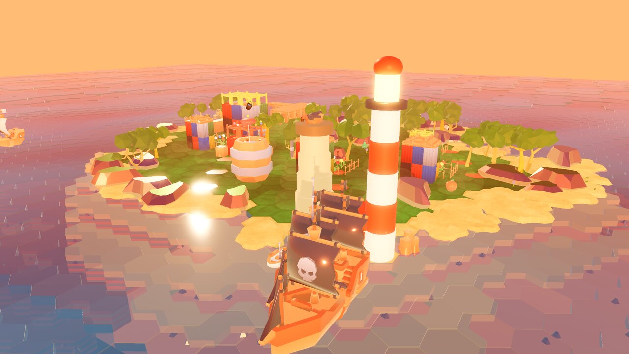 A guard tower duels a pirate galleon at sunset - a scene from Beyond the Horizon.