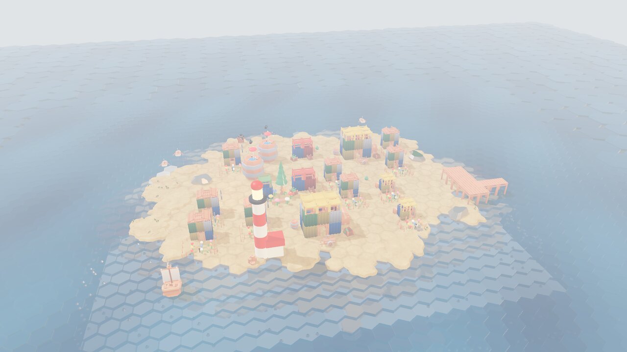 A bustling desert town under grey skies - a scene from Beyond the Horizon.