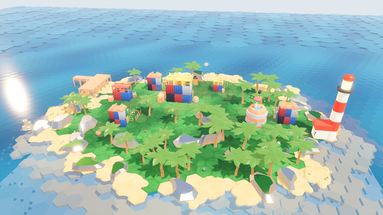 A bright low-poly island town ringed by turquoise sea in Beyond the Horizon