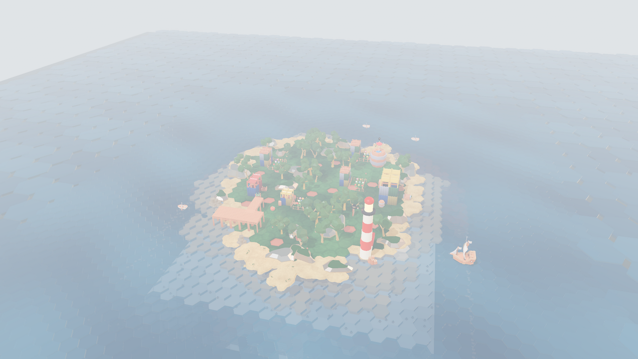 A wide procedurally generated island of grassy plateaus and forest groves rising out of a teal ocean.