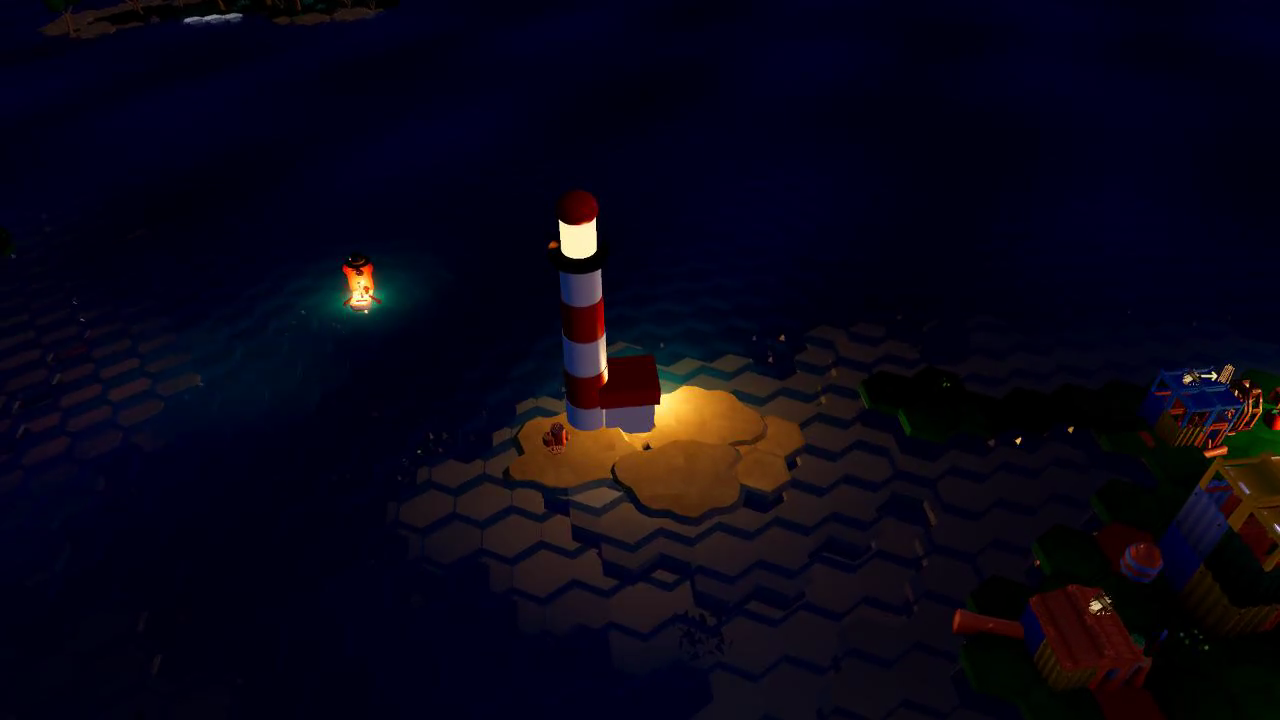 A lighthouse sweeps its beam across a quiet moonlit cove