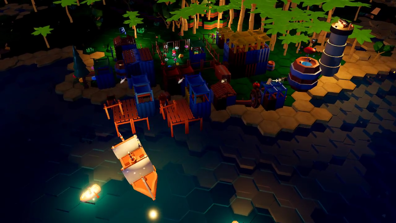 The harbour aglow with lanterns after dark